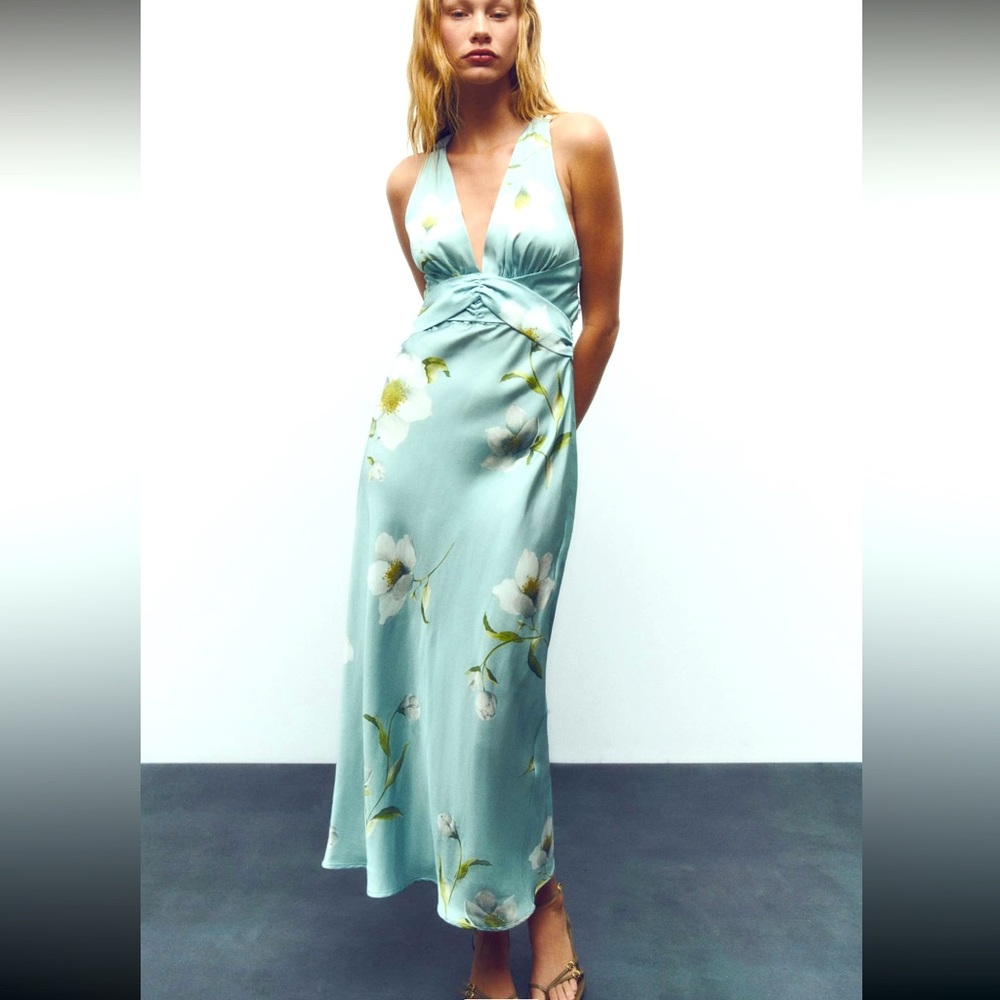 ZARA FLORAL PRINT SATIN EFFECT DRESS